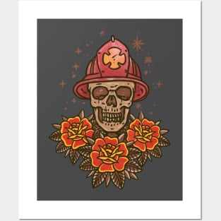 Skull firefighter with helmet and roses Posters and Art